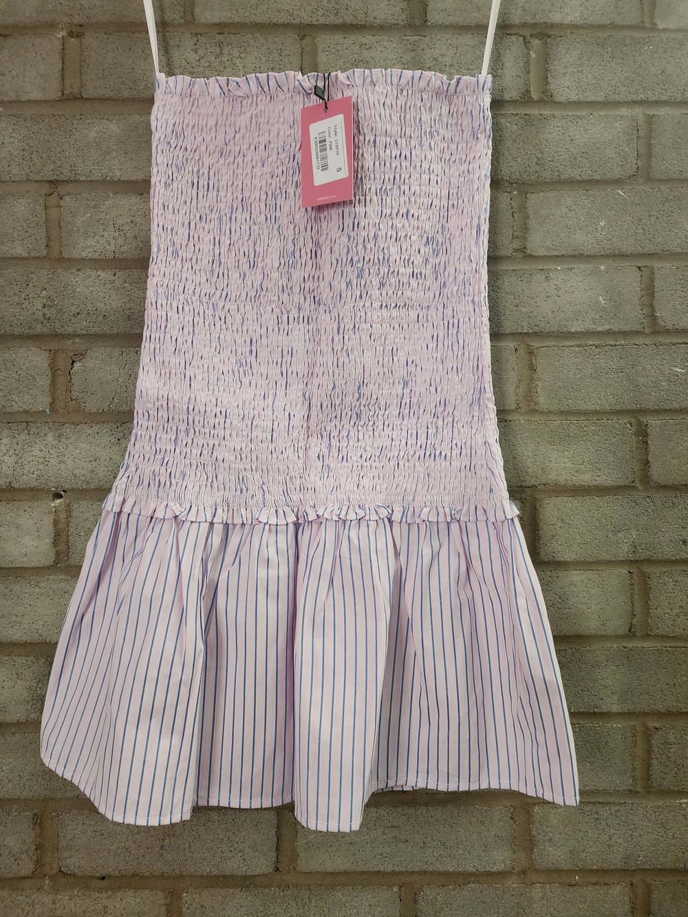 New Edikted Pink & Blue Striped Strapless Smocked Bodice Mini Dress